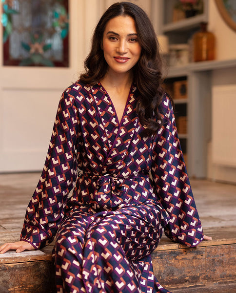 Southbank Geo Print Long Dressing Gown - Fable and Eve