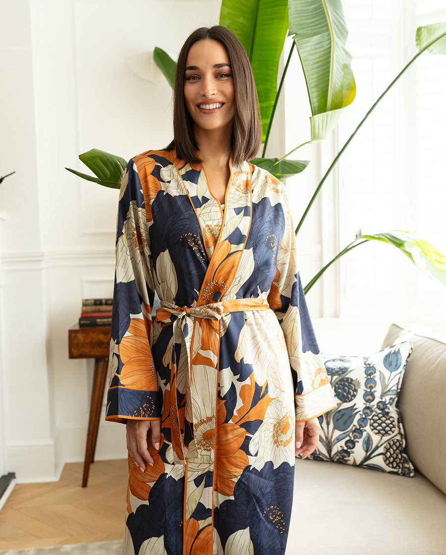 long floral cotton dressing gown Vintage floral full length dressing gown with rolled collar and puff sleeves, midi length by St Michael, 70s 80s robe, cottage core