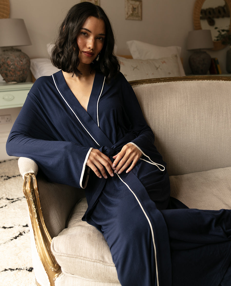 Plus Size Sexy Solid Satin Navy Blue Robe for Honeymoon BB209N – Klamotten